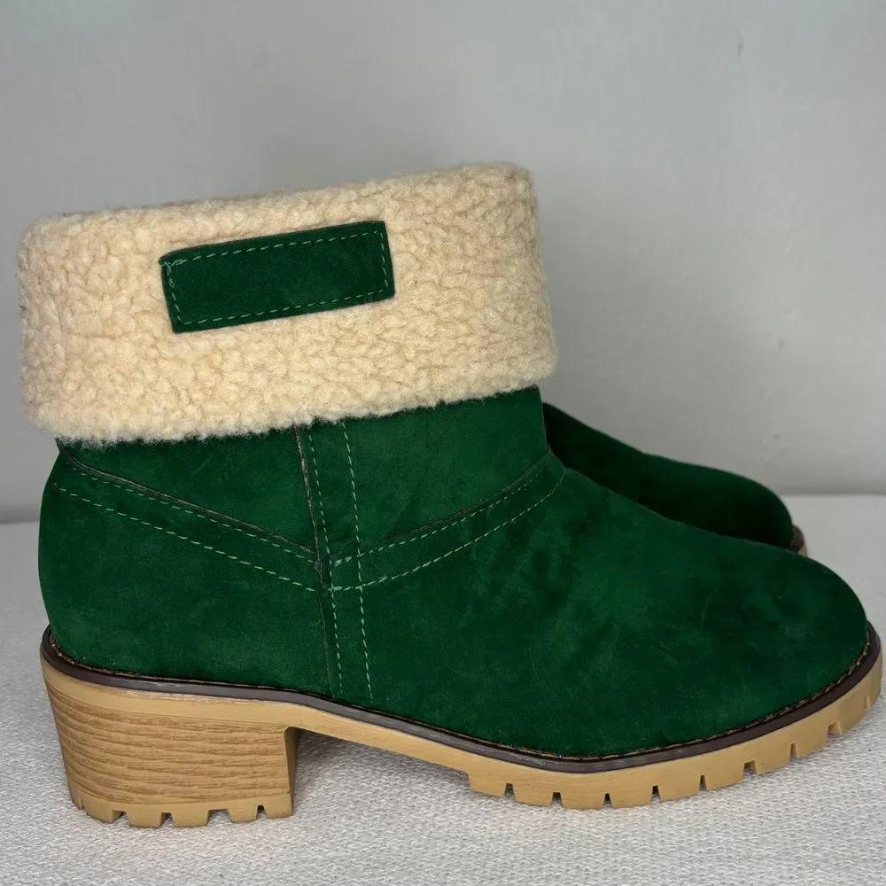 Green Ankle Boots Christmas Holiday Fuzzy Sherpa Heel Sz 9.5 Women's Winter Boot